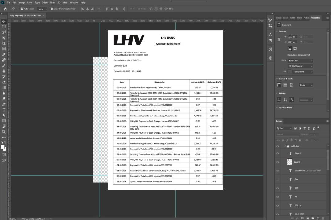 Estonie LHV Bank Relevé de compte Modèle Word et PDF template